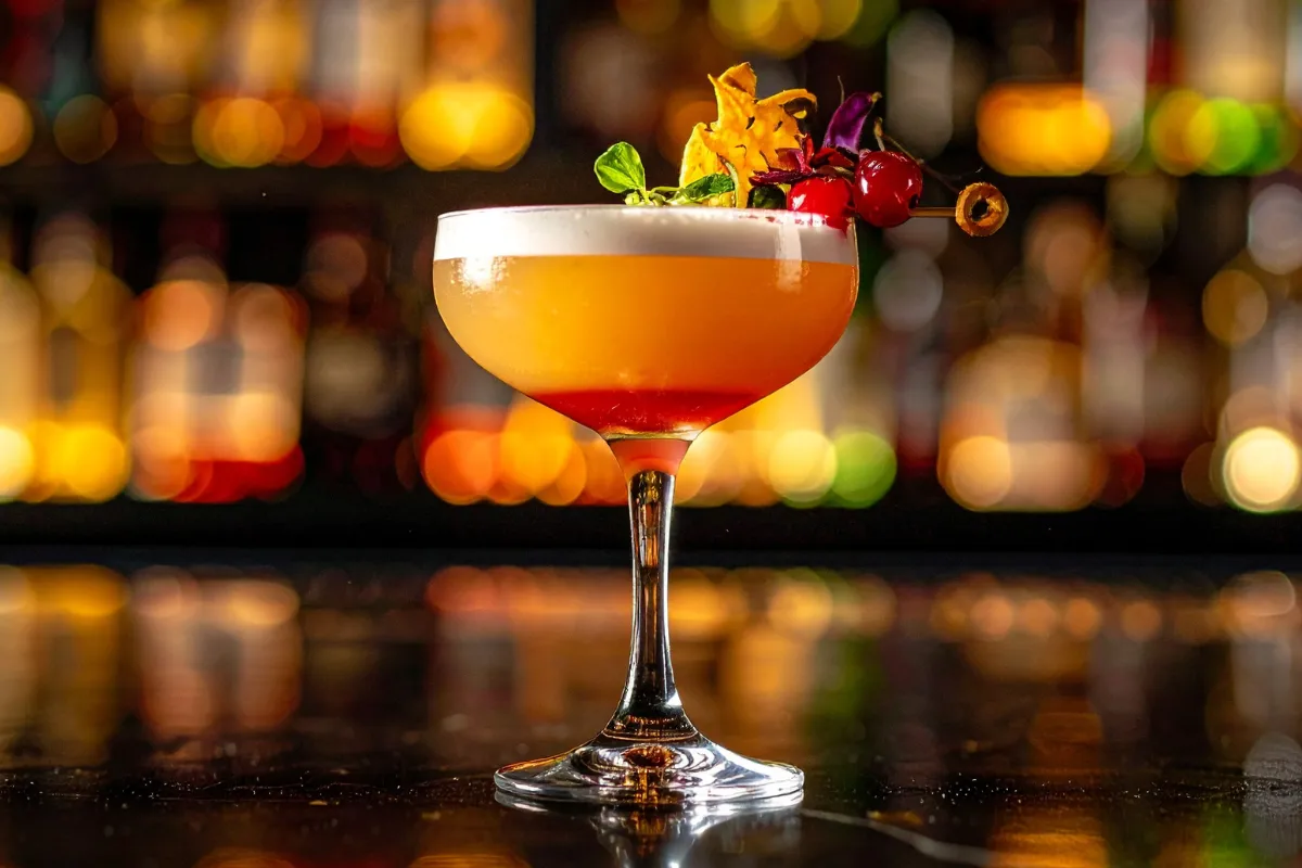 Cocktail in a stemmed glass garnished with fruit, set against a softly lit bar background.